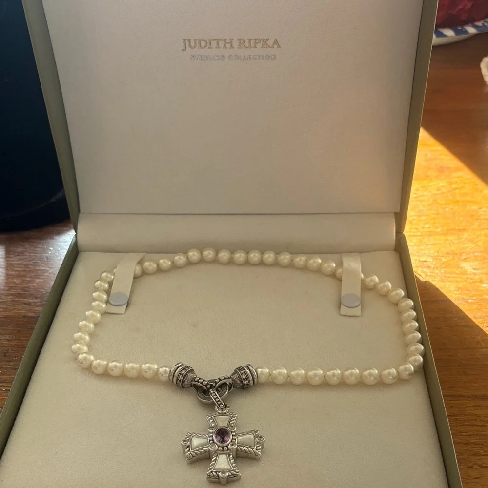 Judith Ripka faux pearl necklace with fitting for pendants and MOP Maltese cross